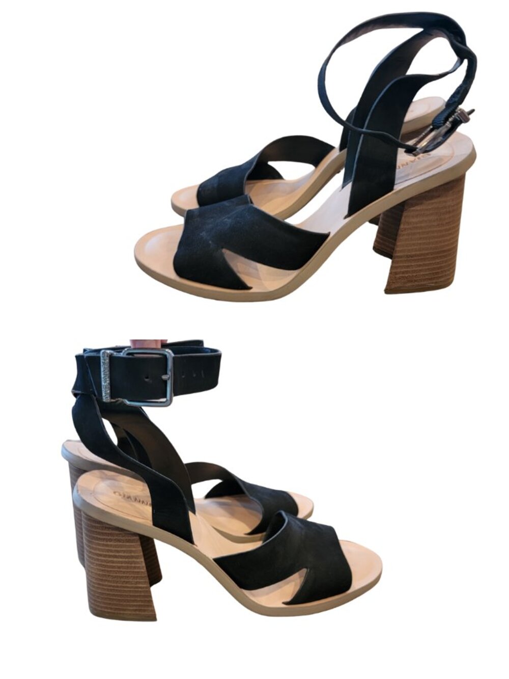 Giani Bini Marilane Black Brazilian Leather Chunky Heel Ankle Wrap Sandals